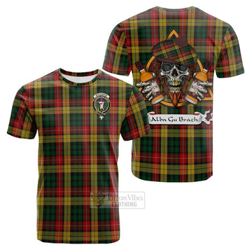 Buchanan Tartan Cotton T-shirt with Family Crest and Bearded Skull Holding Bottles of Whiskey