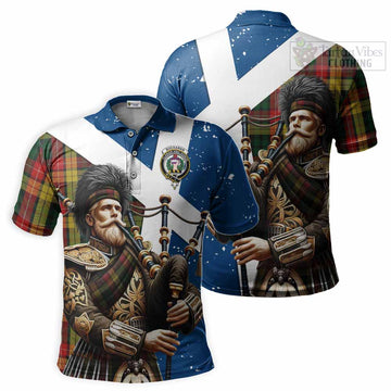 Buchanan Tartan Polo Shirt with Family Crest Scottish Bagpiper Vibes