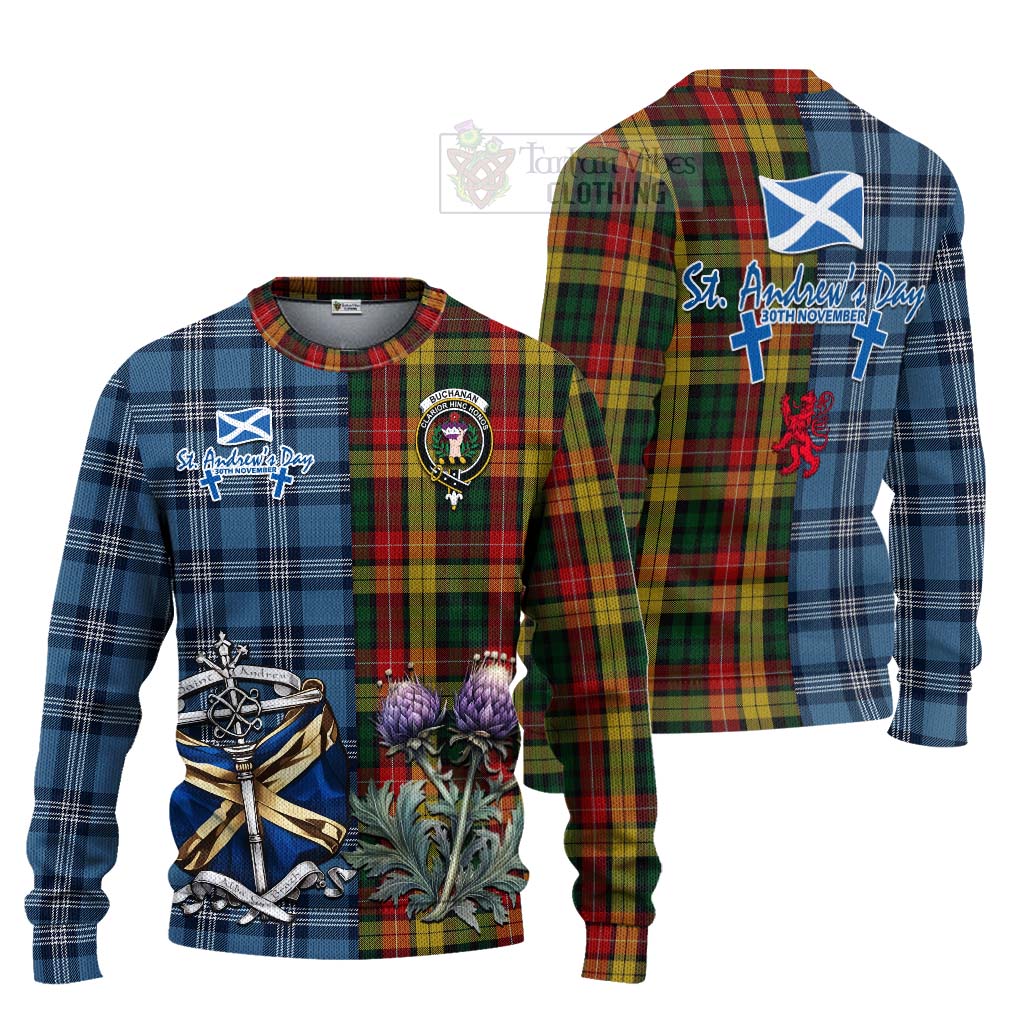 Tartan Vibes Clothing Buchanan Tartan Knitted Sweater Happy St. Andrew's Day Half Tartan Style