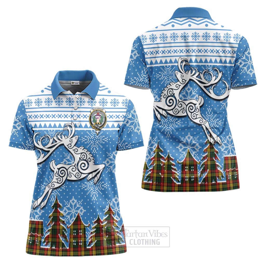 Tartan Vibes Clothing Buchanan Clan Christmas Women's Polo Shirt Celtic Reindeer Style