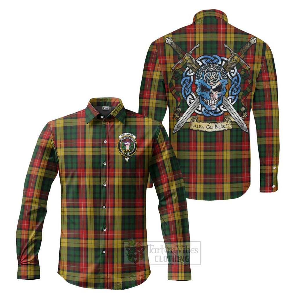 Tartan Vibes Clothing Buchanan Tartan Long Sleeve Button Shirt with Family Crest Celtic Skull Style