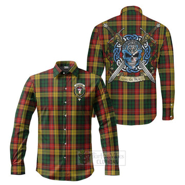 Buchanan Tartan Long Sleeve Button Shirt with Family Crest Celtic Skull Style