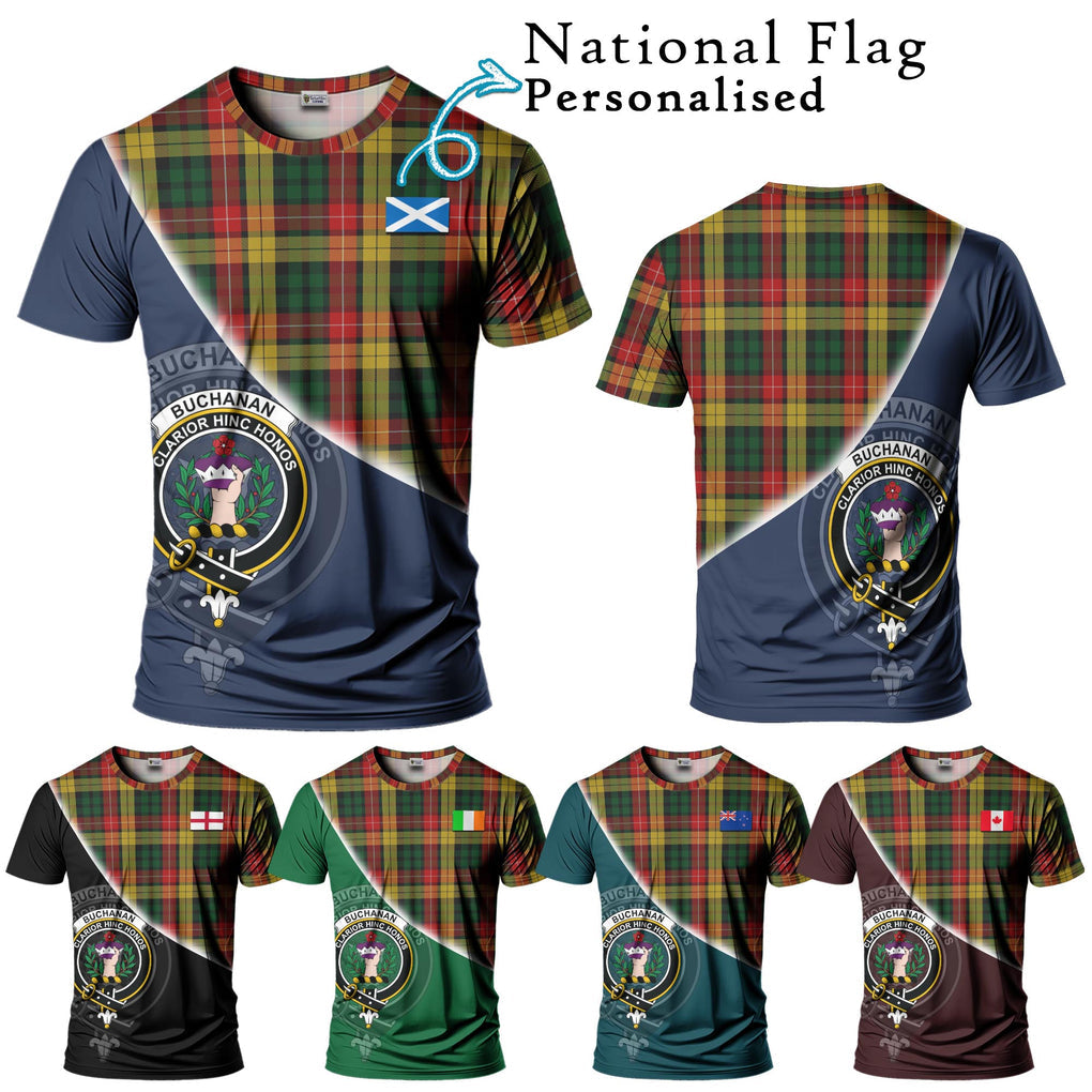 Buchanan Tartan T-Shirt with Personalised National Flag and Family Crest Half Style Kid's Shirt - Tartanvibesclothing Shop