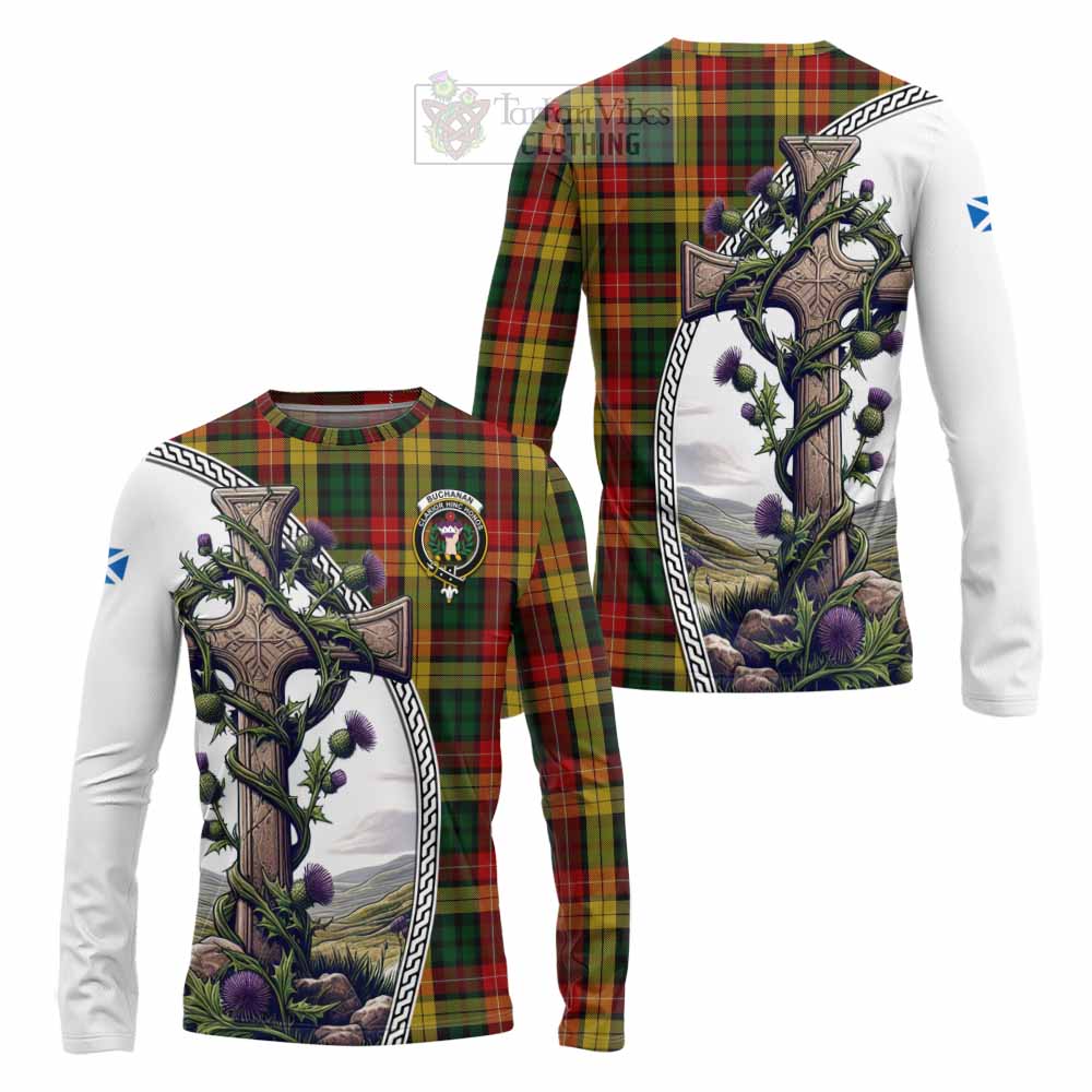 Tartan Vibes Clothing Buchanan Tartan Long Sleeve T-Shirt with Family Crest and St. Andrew's Cross Accented by Thistle Vines