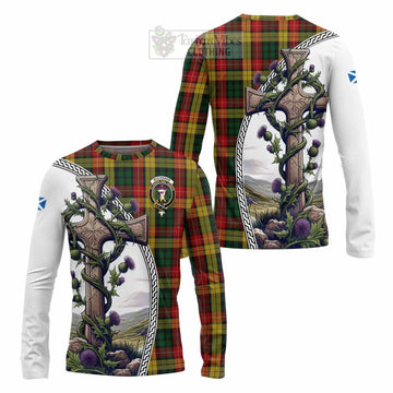 Buchanan Tartan Long Sleeve T-Shirt with Family Crest and St. Andrew's Cross Accented by Thistle Vines