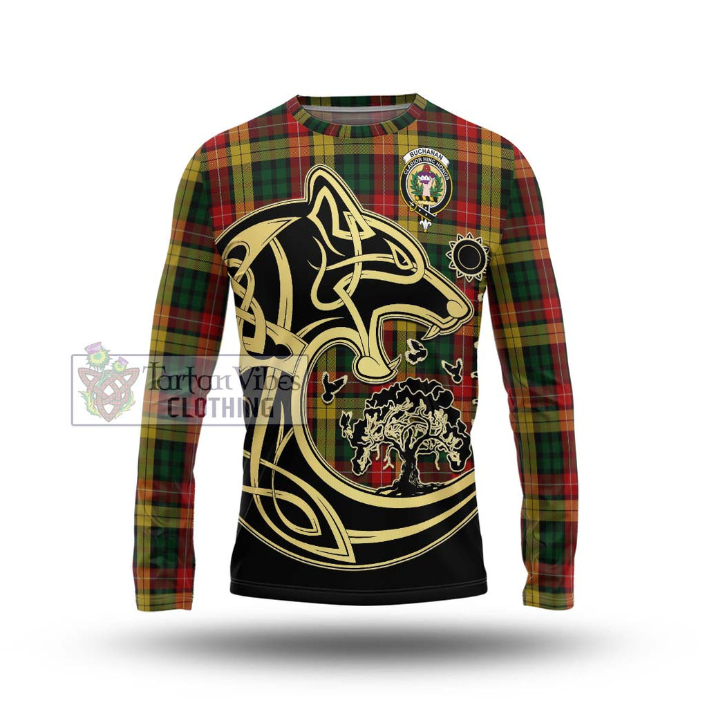 Buchanan Tartan Long Sleeve T-Shirt with Family Crest Celtic Wolf Style Unisex - Tartan Vibes Clothing