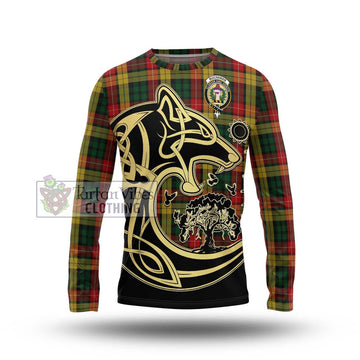 Buchanan Tartan Long Sleeve T-Shirt with Family Crest Celtic Wolf Style