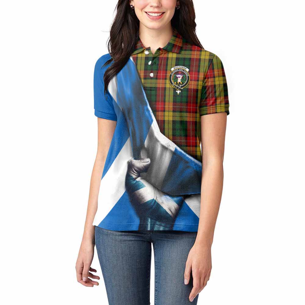 Tartan Vibes Clothing Buchanan Tartan Women's Polo Shirt with Family Crest Scotland Patriotic Style