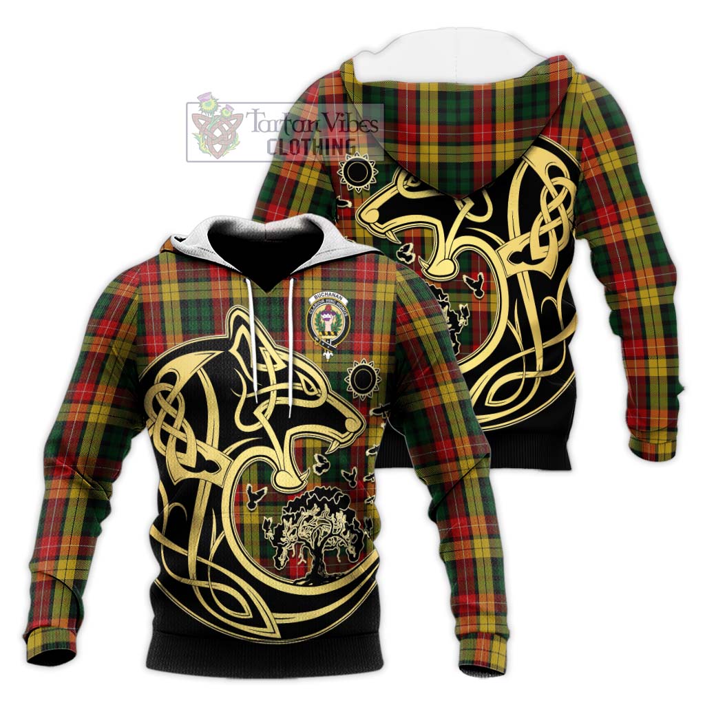 Buchanan Tartan Knitted Hoodie with Family Crest Celtic Wolf Style Unisex Knitted Pullover Hoodie - Tartan Vibes Clothing