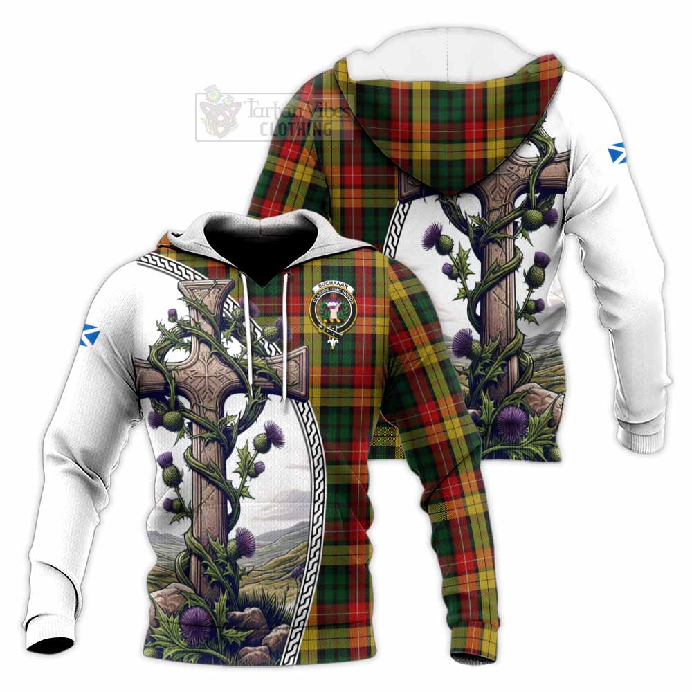 Tartan Vibes Clothing Buchanan Tartan Knitted Hoodie with Family Crest and St. Andrew's Cross Accented by Thistle Vines