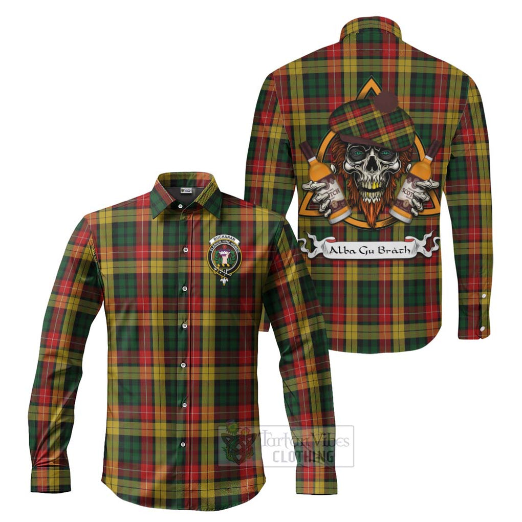 Tartan Vibes Clothing Buchanan Tartan Long Sleeve Button Shirt with Family Crest and Bearded Skull Holding Bottles of Whiskey