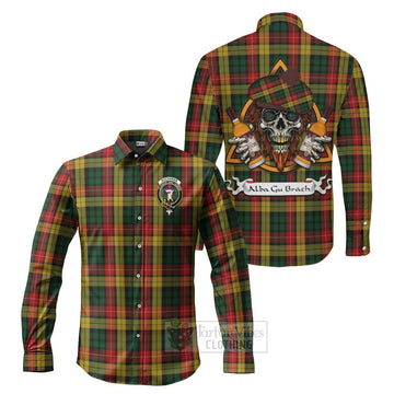 Buchanan Tartan Long Sleeve Button Shirt with Family Crest and Bearded Skull Holding Bottles of Whiskey