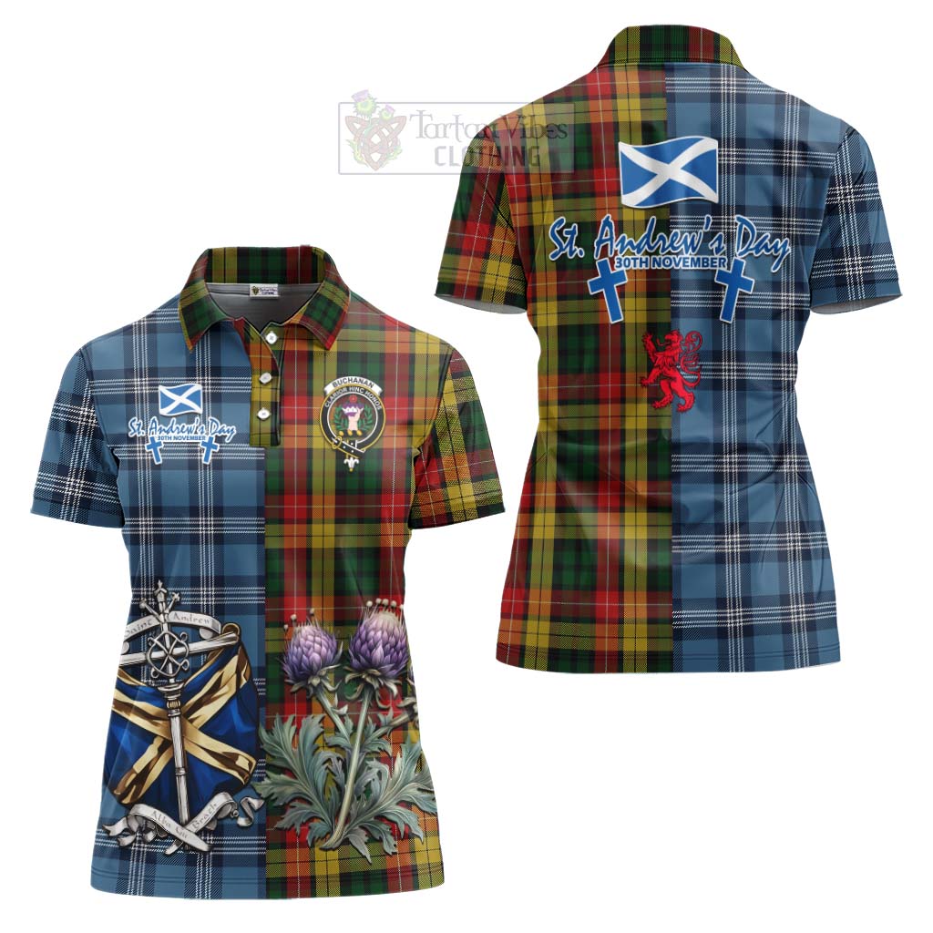 Tartan Vibes Clothing Buchanan Tartan Women's Polo Shirt Happy St. Andrew's Day Half Tartan Style