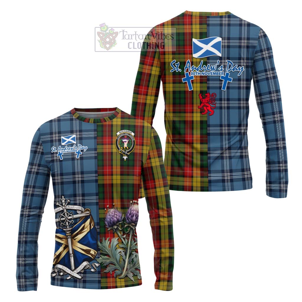 Tartan Vibes Clothing Buchanan Tartan Long Sleeve T-Shirt Happy St. Andrew's Day Half Tartan Style