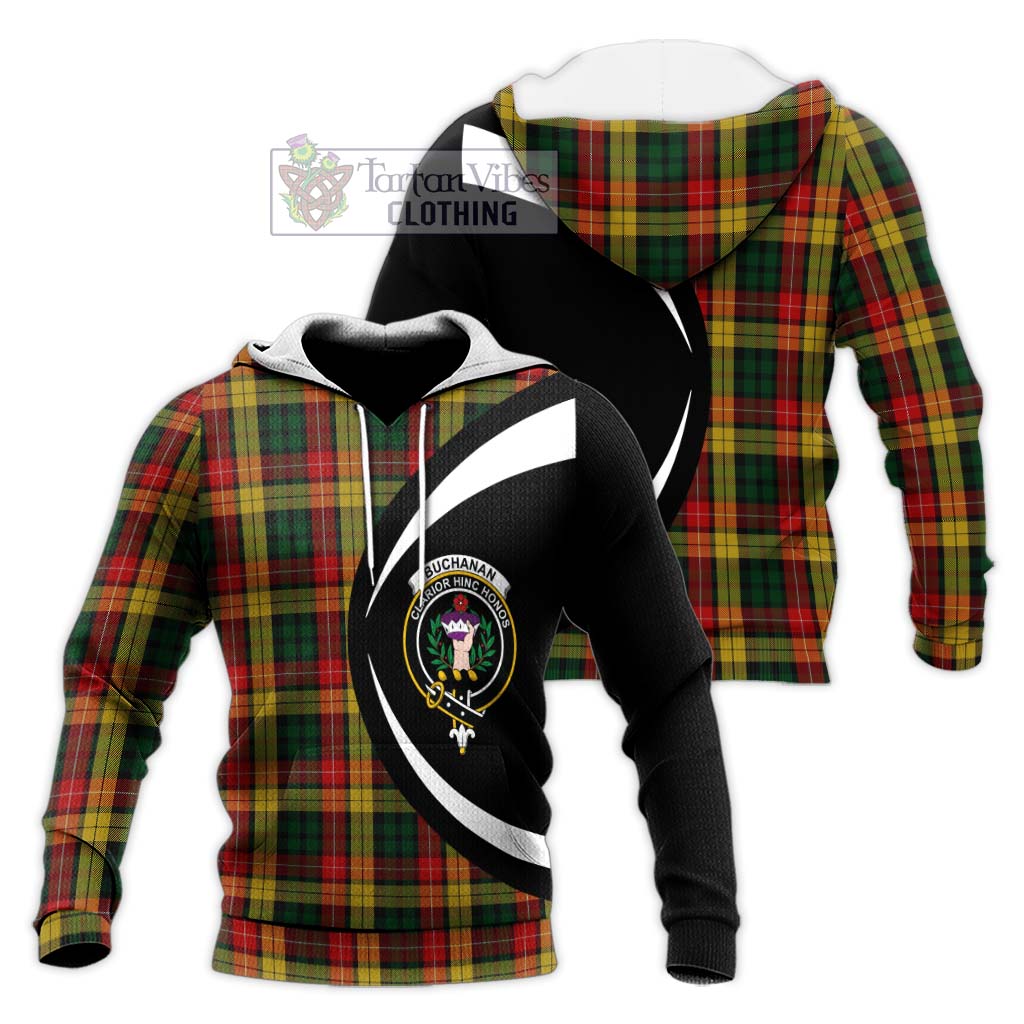 Buchanan Tartan Knitted Hoodie with Family Crest Circle Style Unisex Knitted Pullover Hoodie - Tartan Vibes Clothing