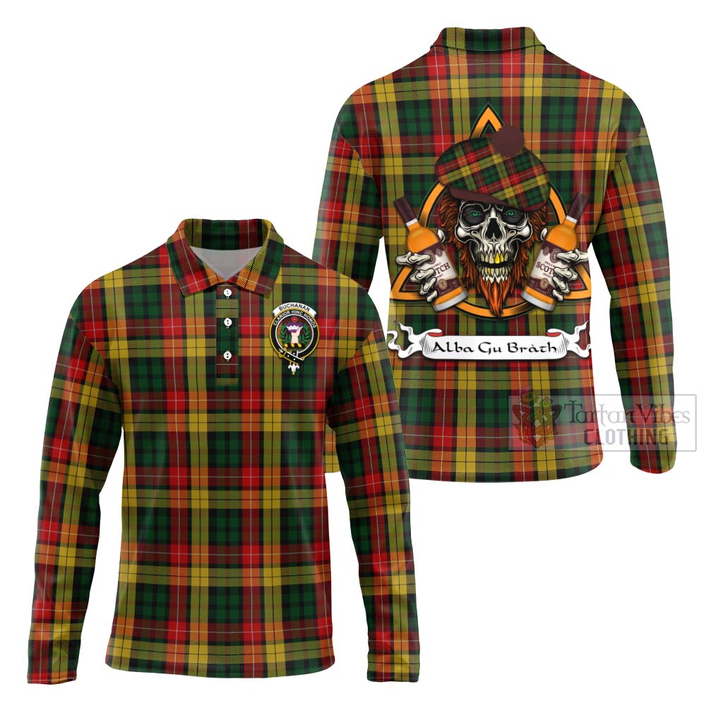 Tartan Vibes Clothing Buchanan Tartan Long Sleeve Polo Shirt with Family Crest and Bearded Skull Holding Bottles of Whiskey