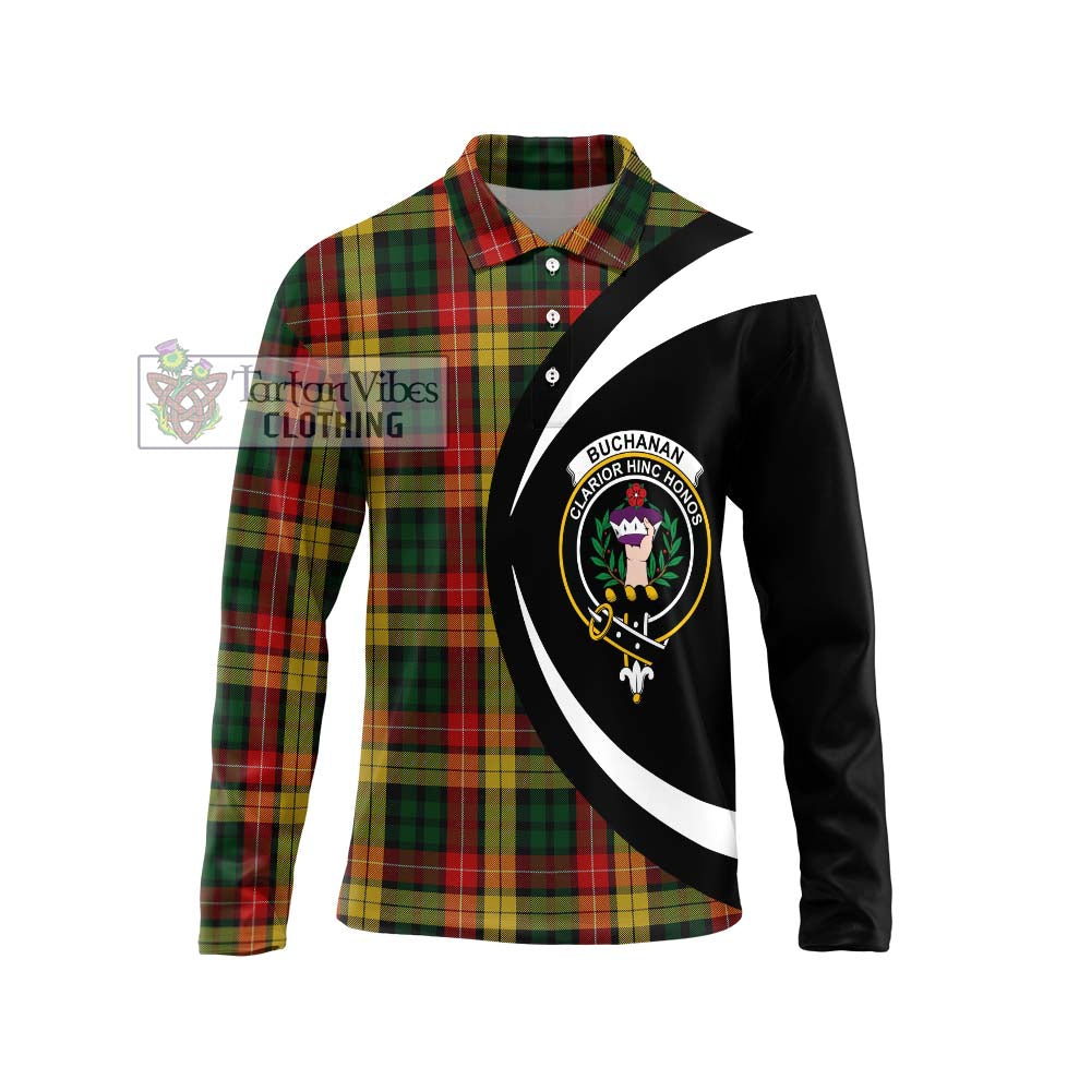 Buchanan Tartan Long Sleeve Polo Shirt with Family Crest Circle Style Unisex - Tartan Vibes Clothing