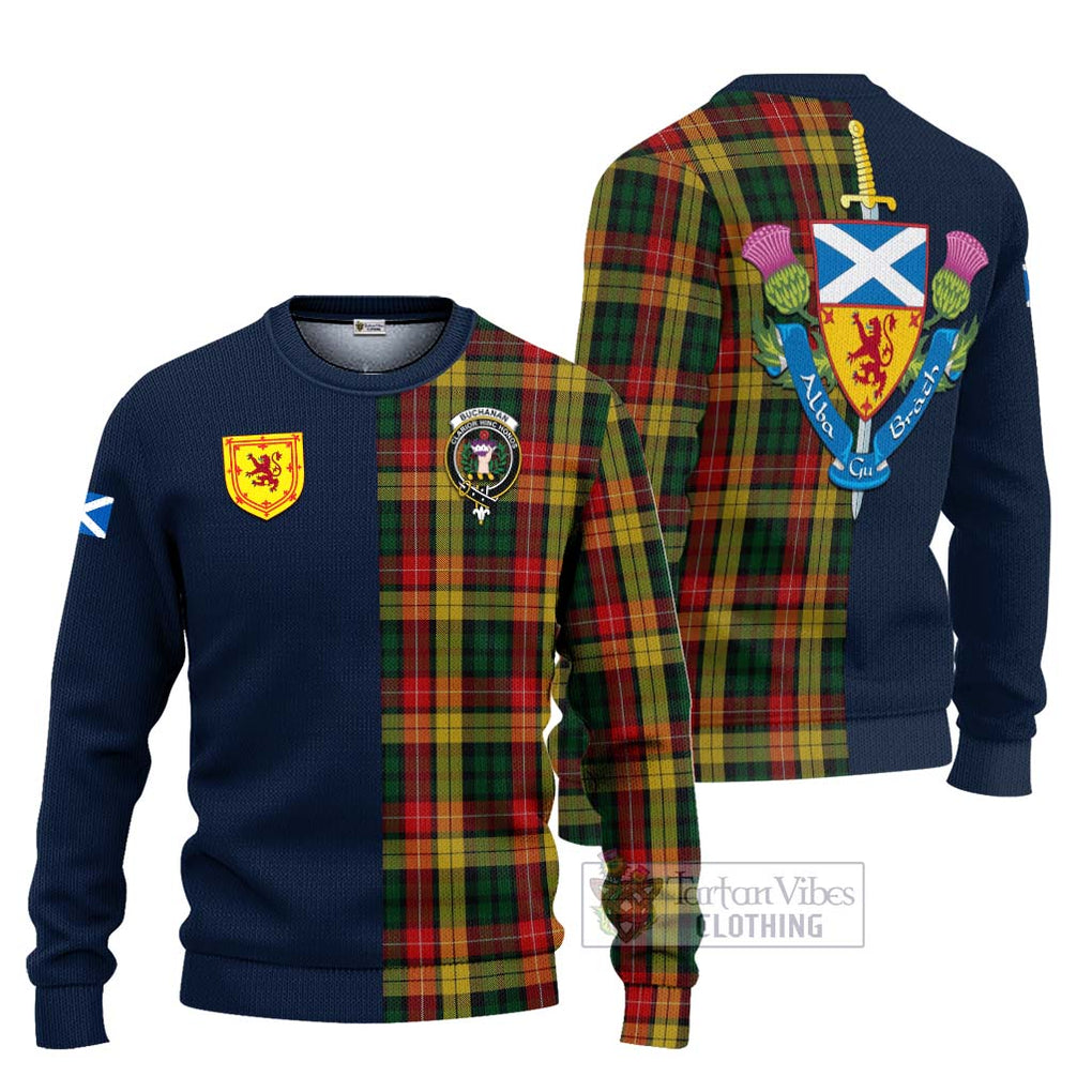 Tartan Vibes Clothing Buchanan Tartan Knitted Sweater with Scottish Lion Royal Arm Half Style