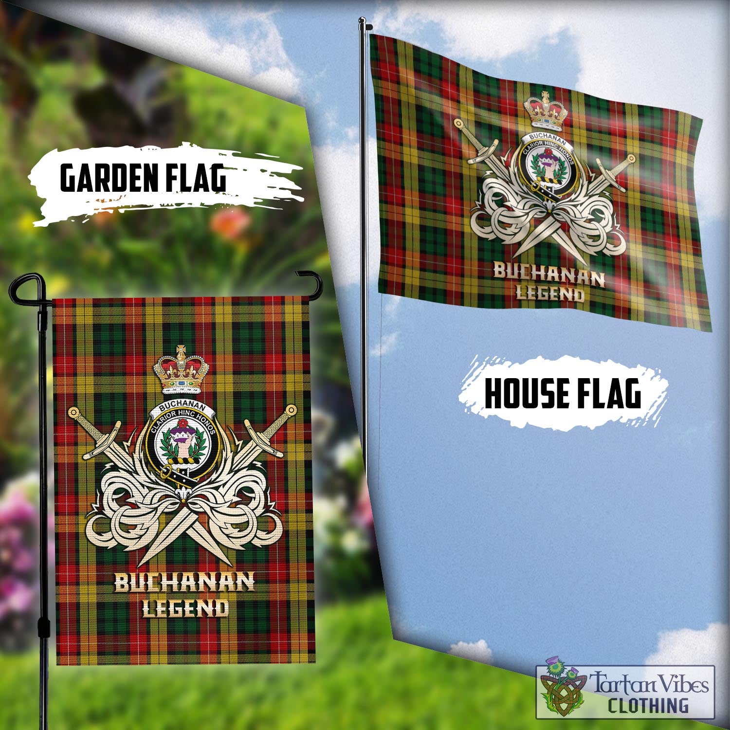 Tartan Vibes Clothing Buchanan Tartan Flag with Clan Crest and the Golden Sword of Courageous Legacy