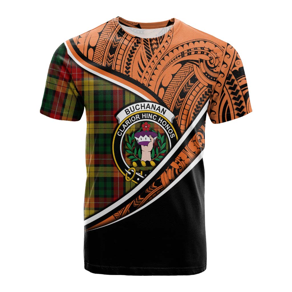 Tartan Vibes Clothing Buchanan Crest Tartan Cotton T-shirt with Maori Tattoo Style - Orange Version