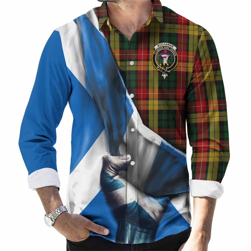 Tartan Vibes Clothing Buchanan Tartan Long Sleeve Button Shirt with Family Crest Scotland Patriotic Style