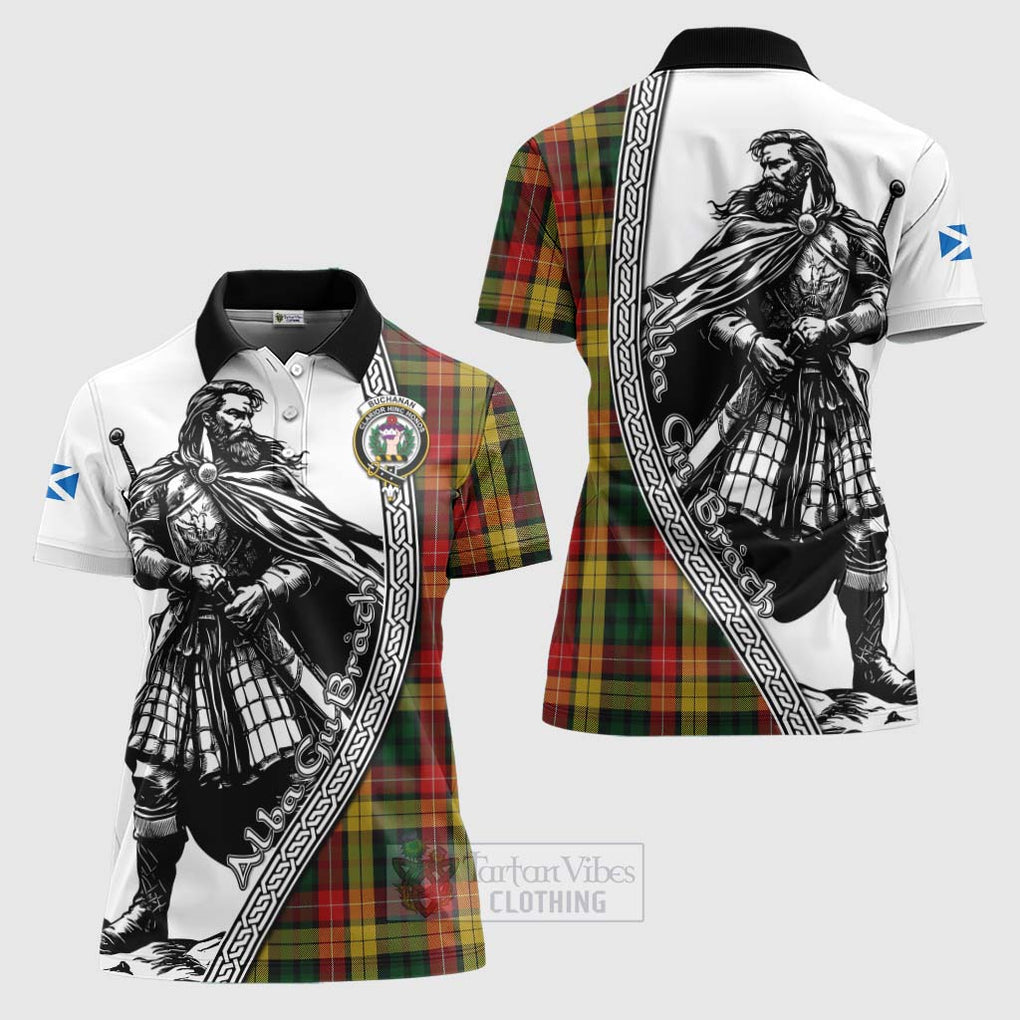 Tartan Vibes Clothing Buchanan Tartan Clan Crest Women's Polo Shirt with Highlander Warrior Celtic Style