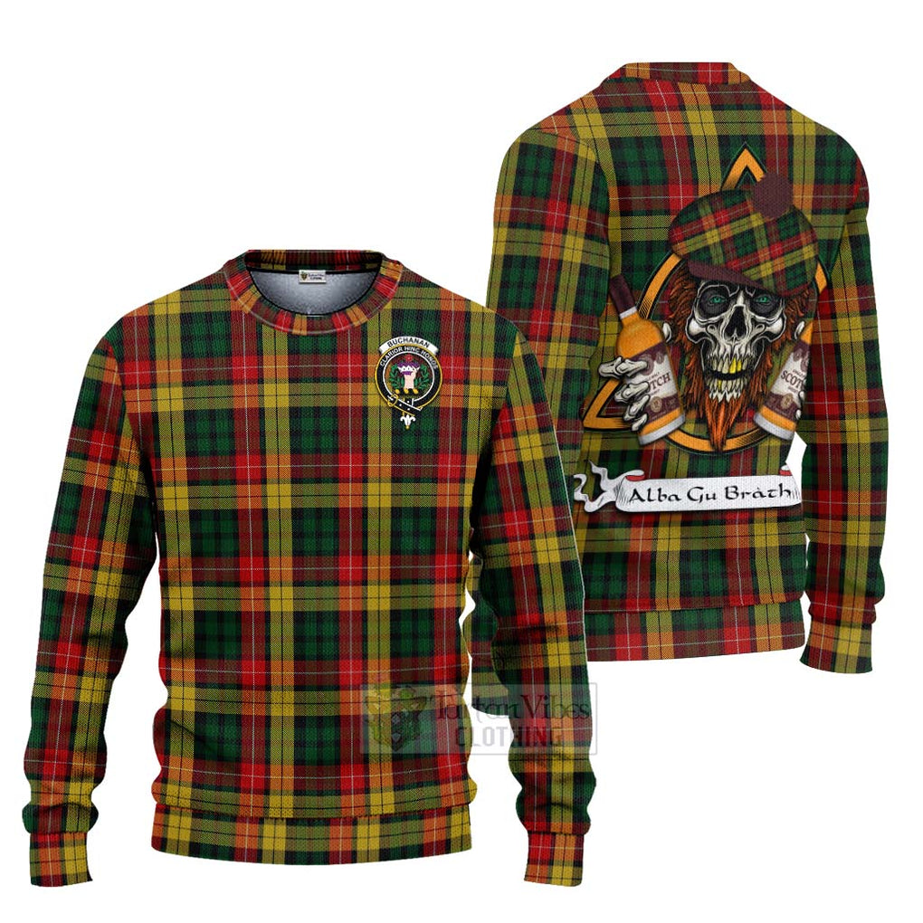 Tartan Vibes Clothing Buchanan Tartan Knitted Sweater with Family Crest and Bearded Skull Holding Bottles of Whiskey