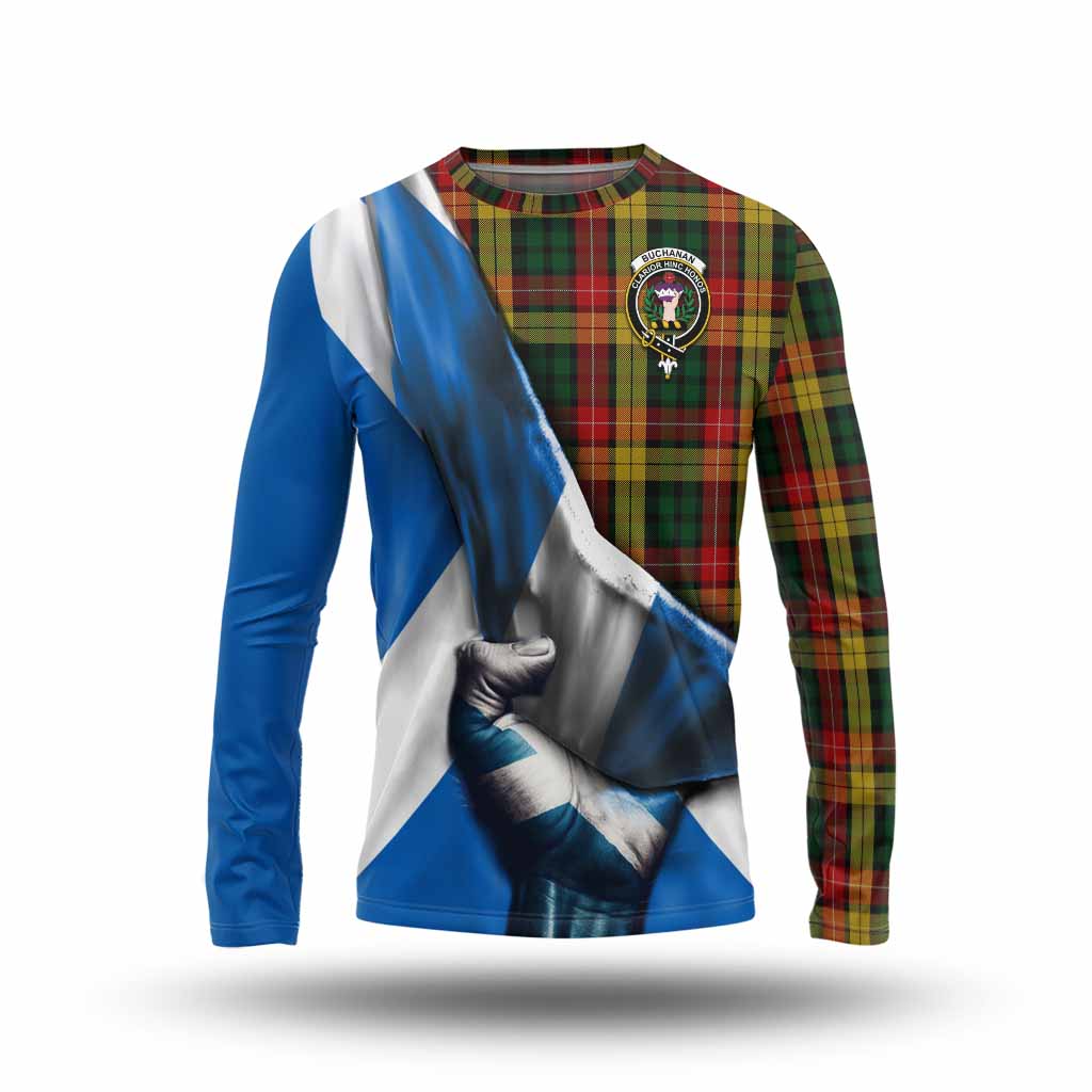 Tartan Vibes Clothing Buchanan Tartan Long Sleeve T-Shirt with Family Crest Scotland Patriotic Style