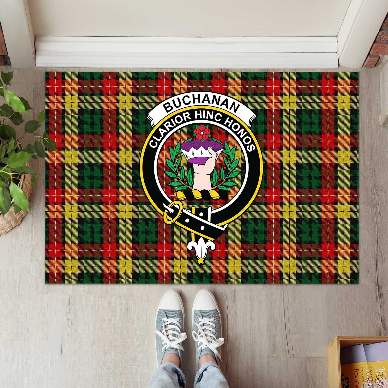 Buchanan Tartan Door Mat with Family Crest - Tartanvibesclothing