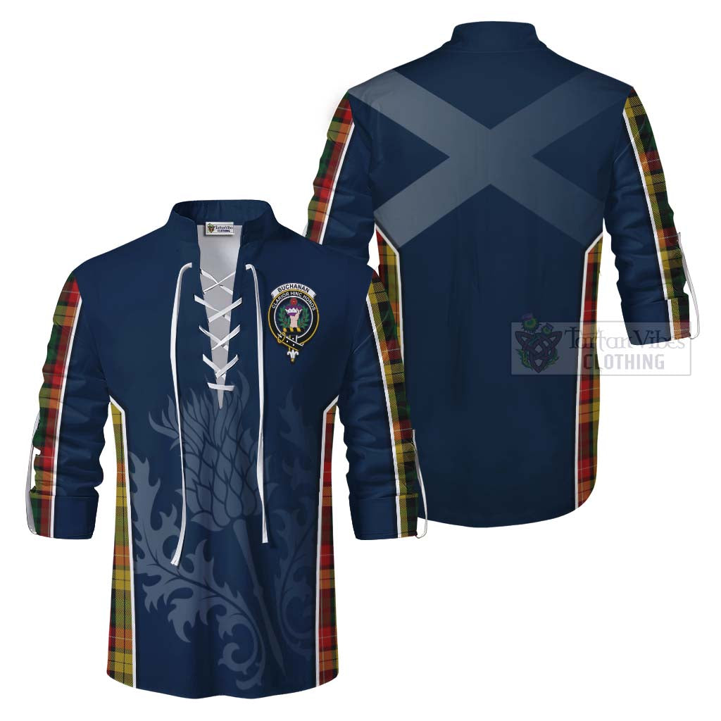 Tartan Vibes Clothing Buchanan Tartan Ghillie Kilt Shirt with Family Crest and Scottish Thistle Vibes Sport Style