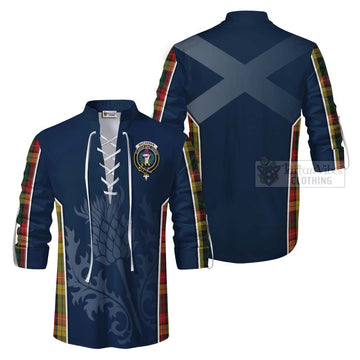 Buchanan Tartan Ghillie Kilt Shirt with Family Crest and Scottish Thistle Vibes Sport Style