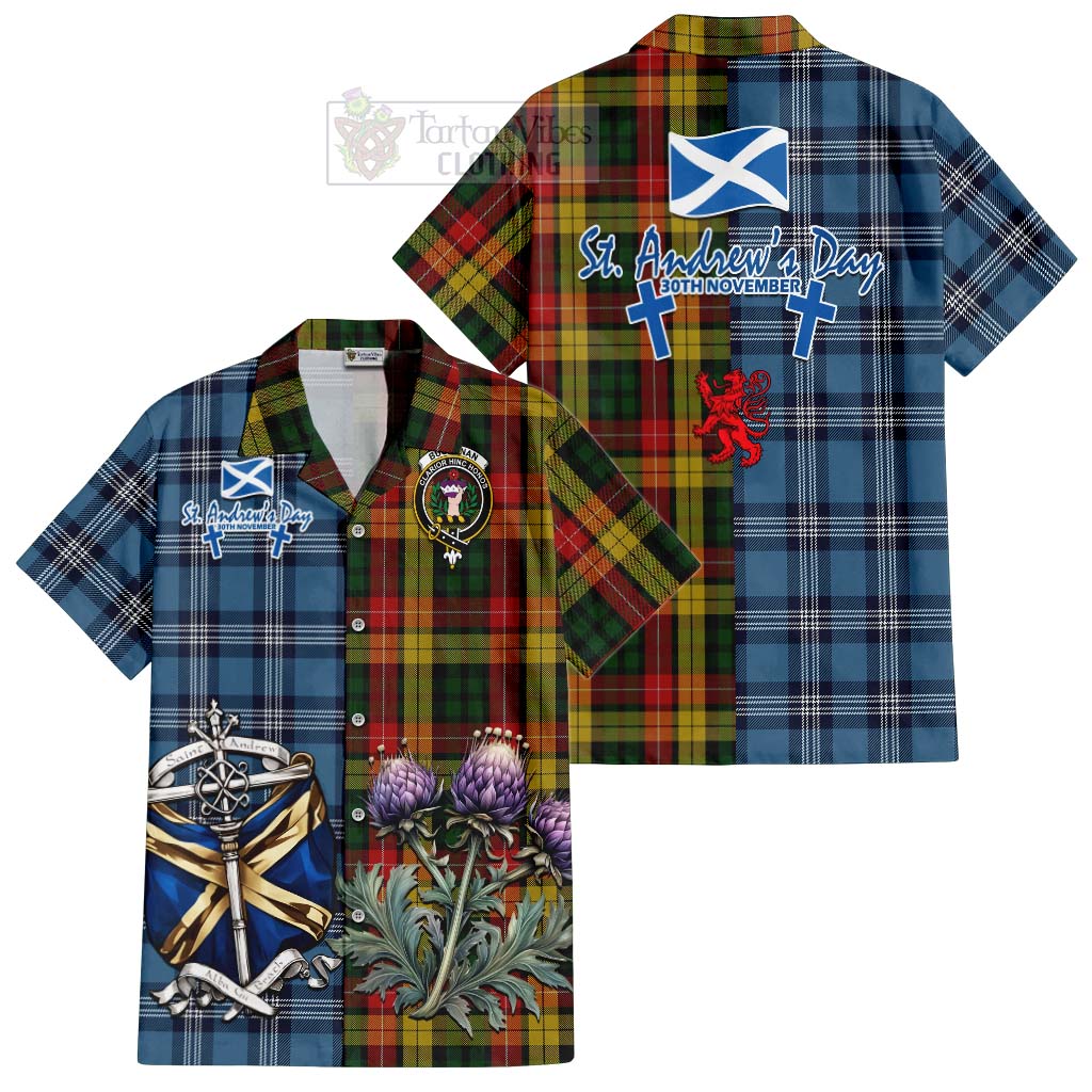 Tartan Vibes Clothing Buchanan Tartan Short Sleeve Button Shirt Happy St. Andrew's Day Half Tartan Style