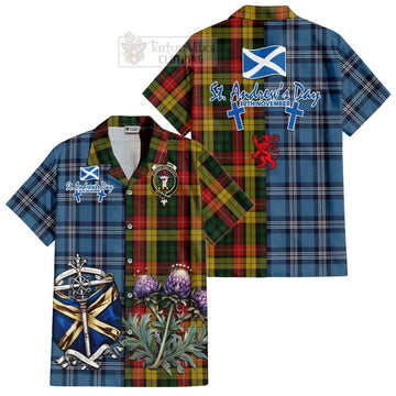 Buchanan Tartan Short Sleeve Button Shirt Happy St. Andrew's Day Half Tartan Style