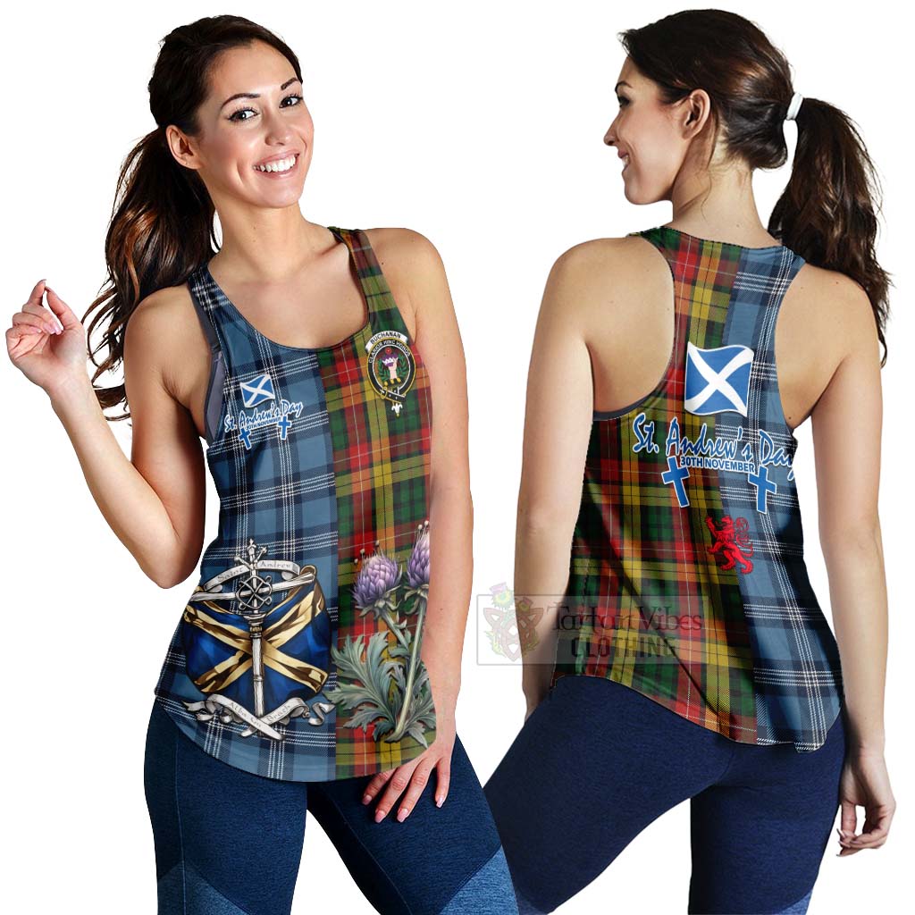 Buchanan Tartan Women's Racerback Tanks Happy St. Andrew's Day Half Tartan Style 4XL - Tartan Vibes Clothing