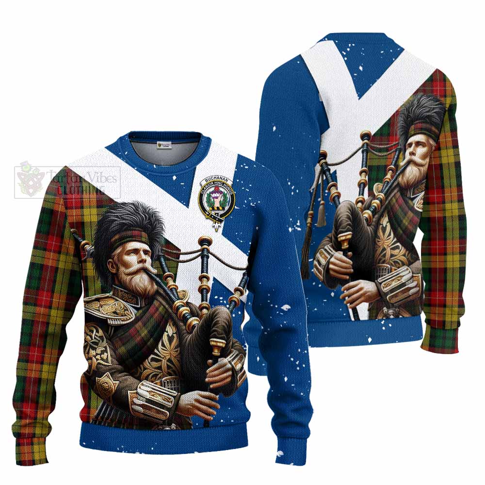 Tartan Vibes Clothing Buchanan Tartan Knitted Sweater with Family Crest Scottish Bagpiper Vibes