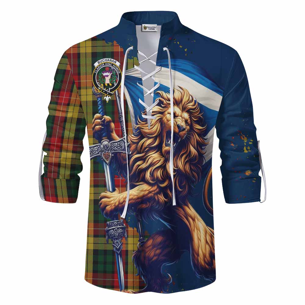 Tartan Vibes Clothing Buchanan Tartan Family Crest Ghillie Kilt Shirt with Scottish Majestic Lion