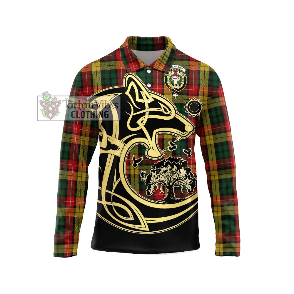 Buchanan Tartan Long Sleeve Polo Shirt with Family Crest Celtic Wolf Style Unisex - Tartanvibesclothing Shop