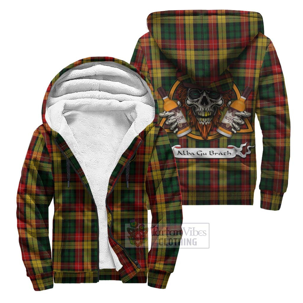 Tartan Vibes Clothing Buchanan Tartan Sherpa Hoodie with Family Crest and Bearded Skull Holding Bottles of Whiskey