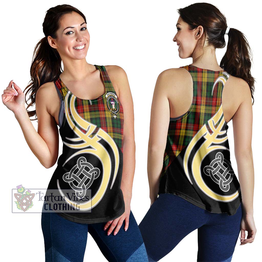 Buchanan Tartan Women's Racerback Tanks with Family Crest and Celtic Symbol Style 4XL - Tartan Vibes Clothing