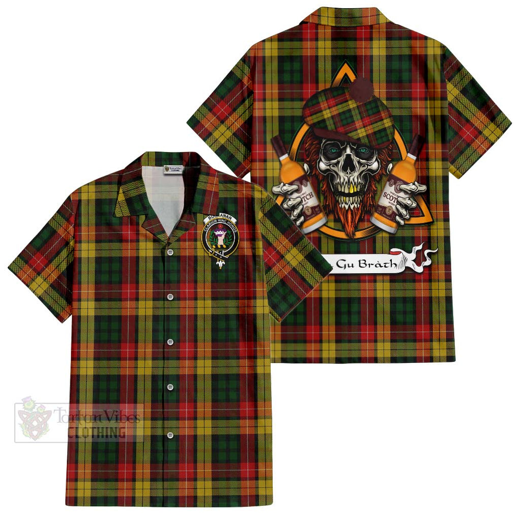 Tartan Vibes Clothing Buchanan Tartan Short Sleeve Button Shirt with Family Crest and Bearded Skull Holding Bottles of Whiskey