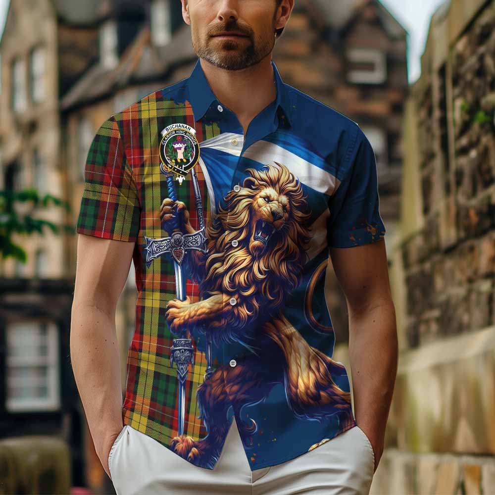 Tartan Vibes Clothing Buchanan Tartan Family Crest Short Sleeve Button Shirt with Scottish Majestic Lion