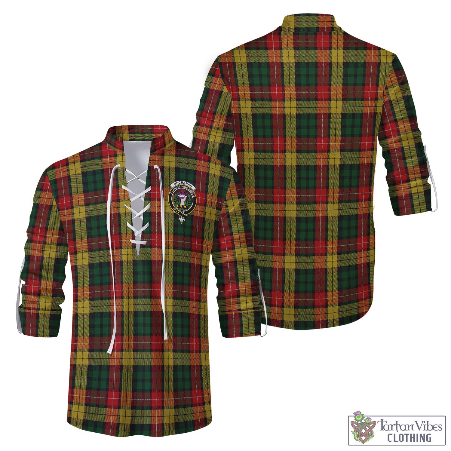 Tartan Vibes Clothing Buchanan Tartan Men's Scottish Traditional Jacobite Ghillie Kilt Shirt with Family Crest