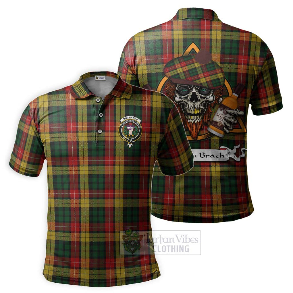 Tartan Vibes Clothing Buchanan Tartan Polo Shirt with Family Crest and Bearded Skull Holding Bottles of Whiskey