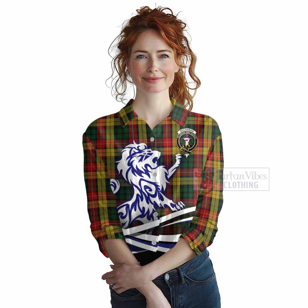 Tartan Vibes Clothing Buchanan Tartan Women's Casual Shirt with Alba Gu Brath Regal Lion Emblem