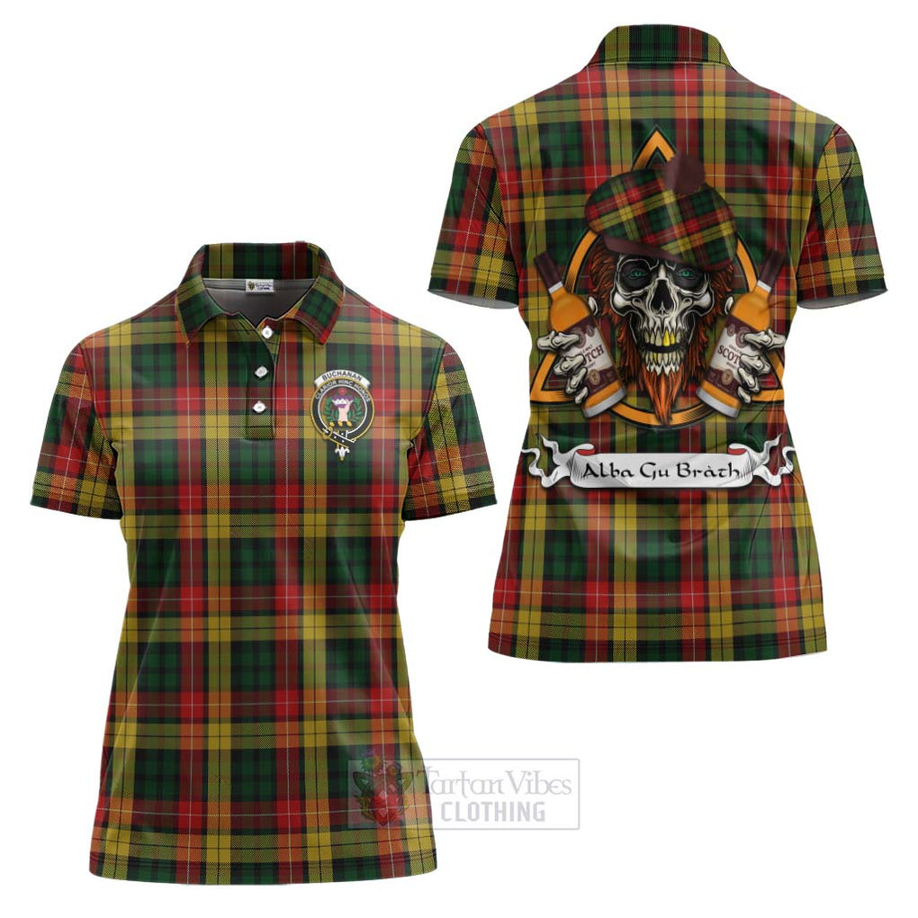 Tartan Vibes Clothing Buchanan Tartan Women's Polo Shirt with Family Crest and Bearded Skull Holding Bottles of Whiskey