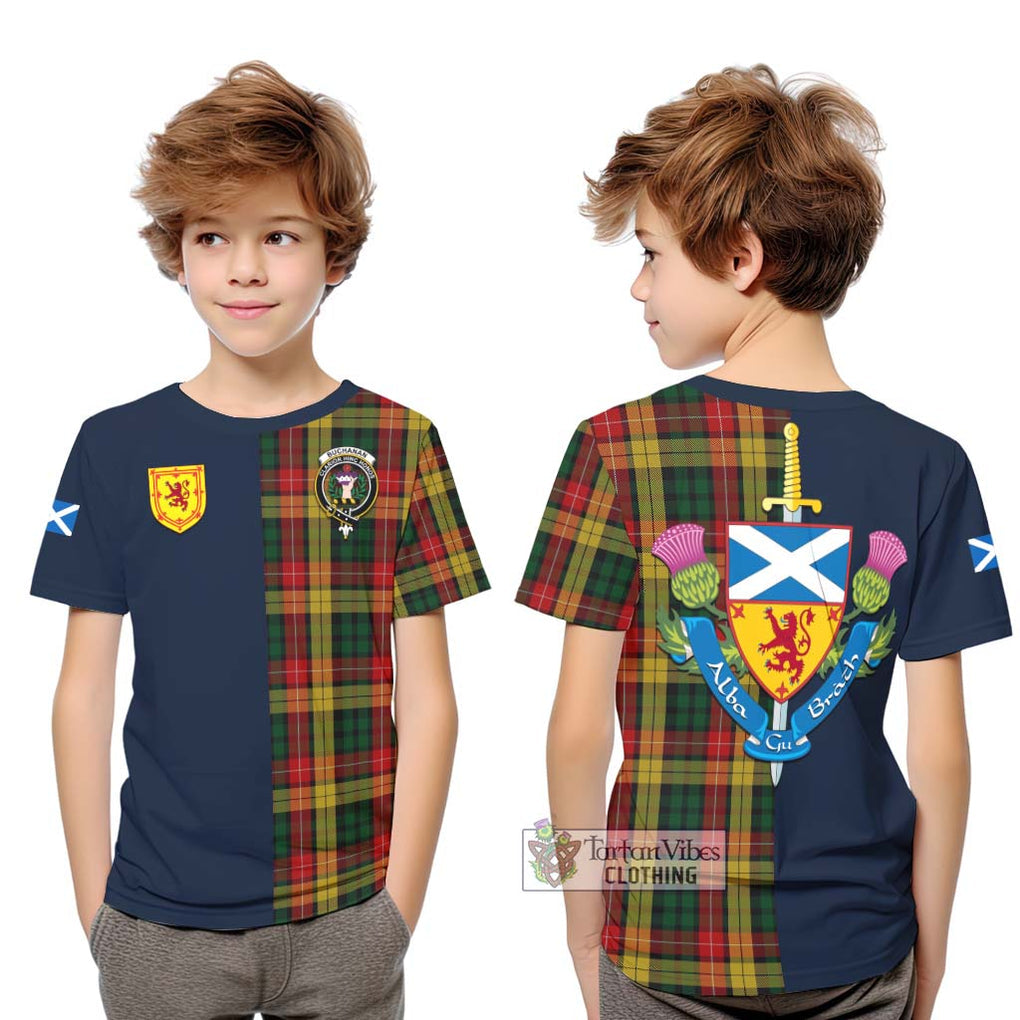 Tartan Vibes Clothing Buchanan Tartan Kid T-Shirt with Scottish Lion Royal Arm Half Style