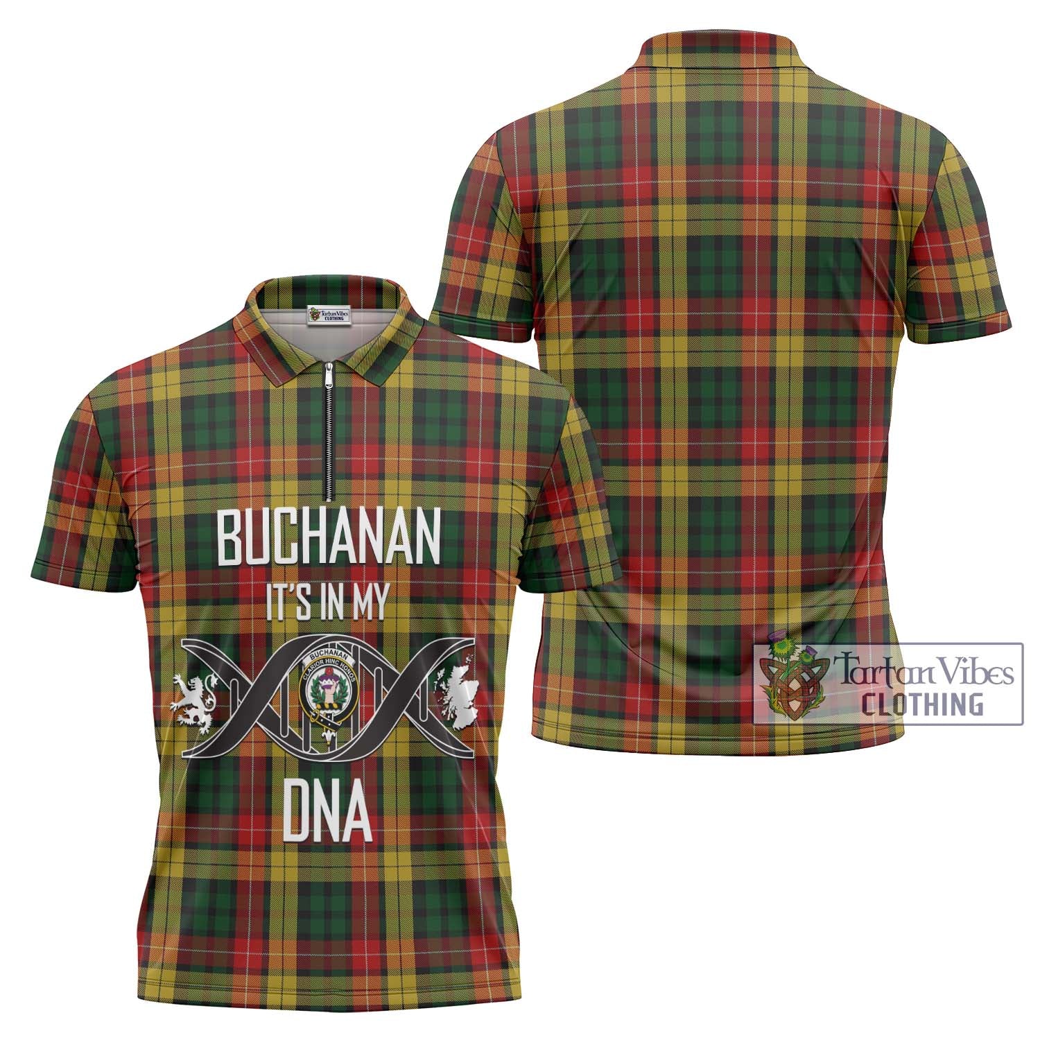 Buchanan Tartan Zipper Polo Shirt with Family Crest DNA In Me Style Unisex - Tartanvibesclothing Shop