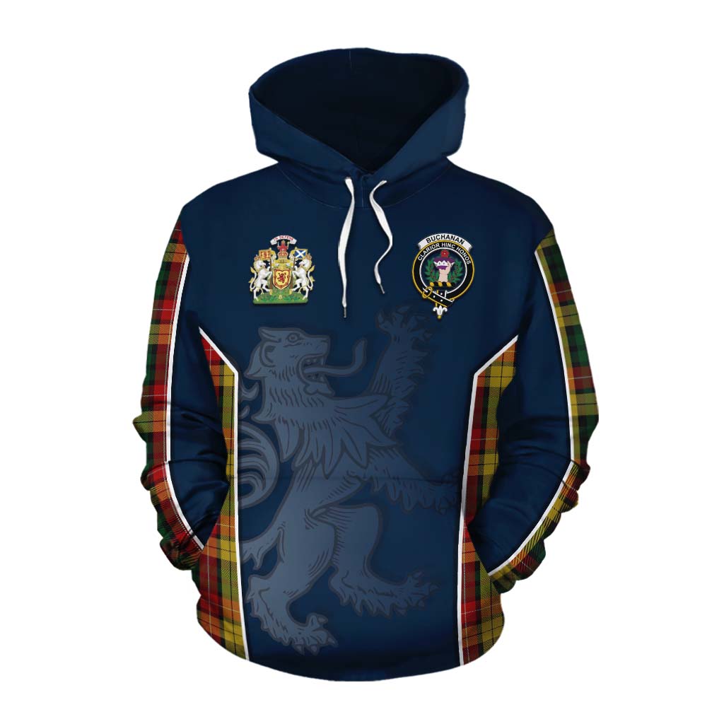 Tartan Vibes Clothing Buchanan Tartan Cotton Hoodie with Family Crest and Lion Rampant Vibes Sport Style