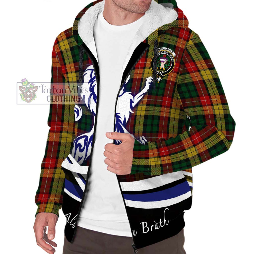 Buchanan Tartan Sherpa Hoodie with Alba Gu Brath Regal Lion Emblem Unisex S - Tartanvibesclothing Shop