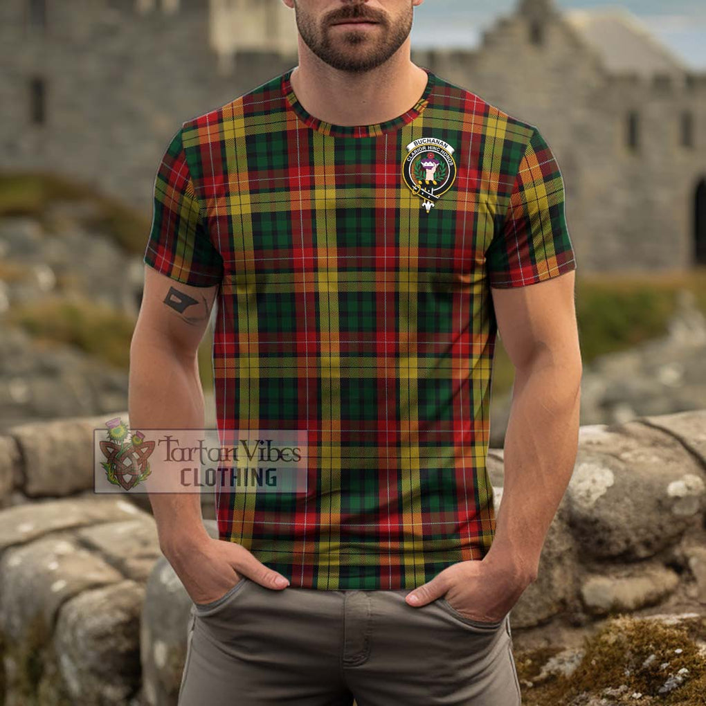 Buchanan Tartan Cotton T-Shirt with Family Crest Men's Shirt - Tartanvibesclothing Shop